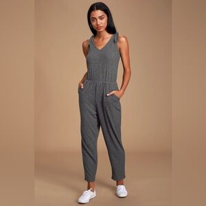 Lulus Belmore Heathered Charcoal Grey Ribbed Sleeveless Jumpsuit - Size M